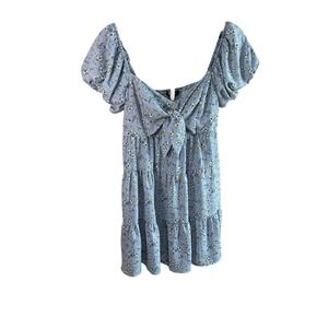 Trixxi Floral Mini Dress Blue Tiered Tie Front Short Sleeve Spring Summer Size L